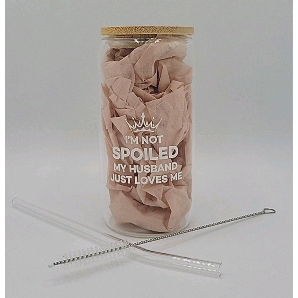 NIB Glass Tumbler Bamboo Lid Glass Straw Funny I'm Not A Spoiled Wife 16oz